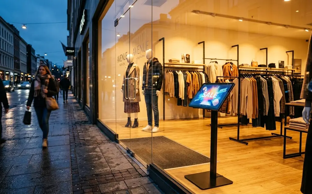Passante davanti alla vetrina di un negozio di vestiti con il tablet acceso