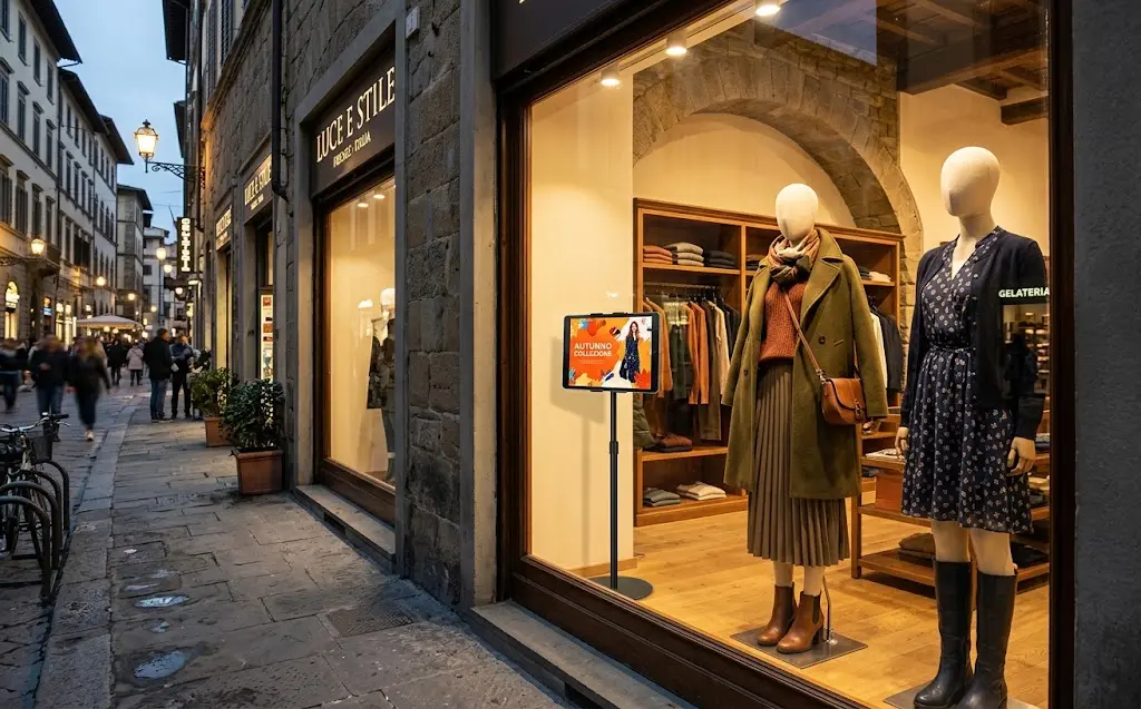Tablet su uno stand dentro la vetrina di una boutique di abbigliamento italiana al tramonto